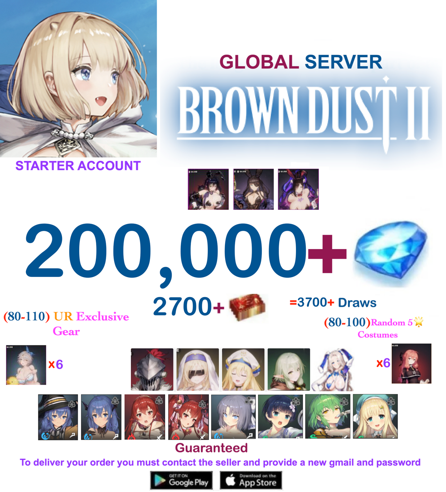 [Global Server/Unlinked] 200,000 Gems Full Collab  BDust 2 Starter Reroll Account