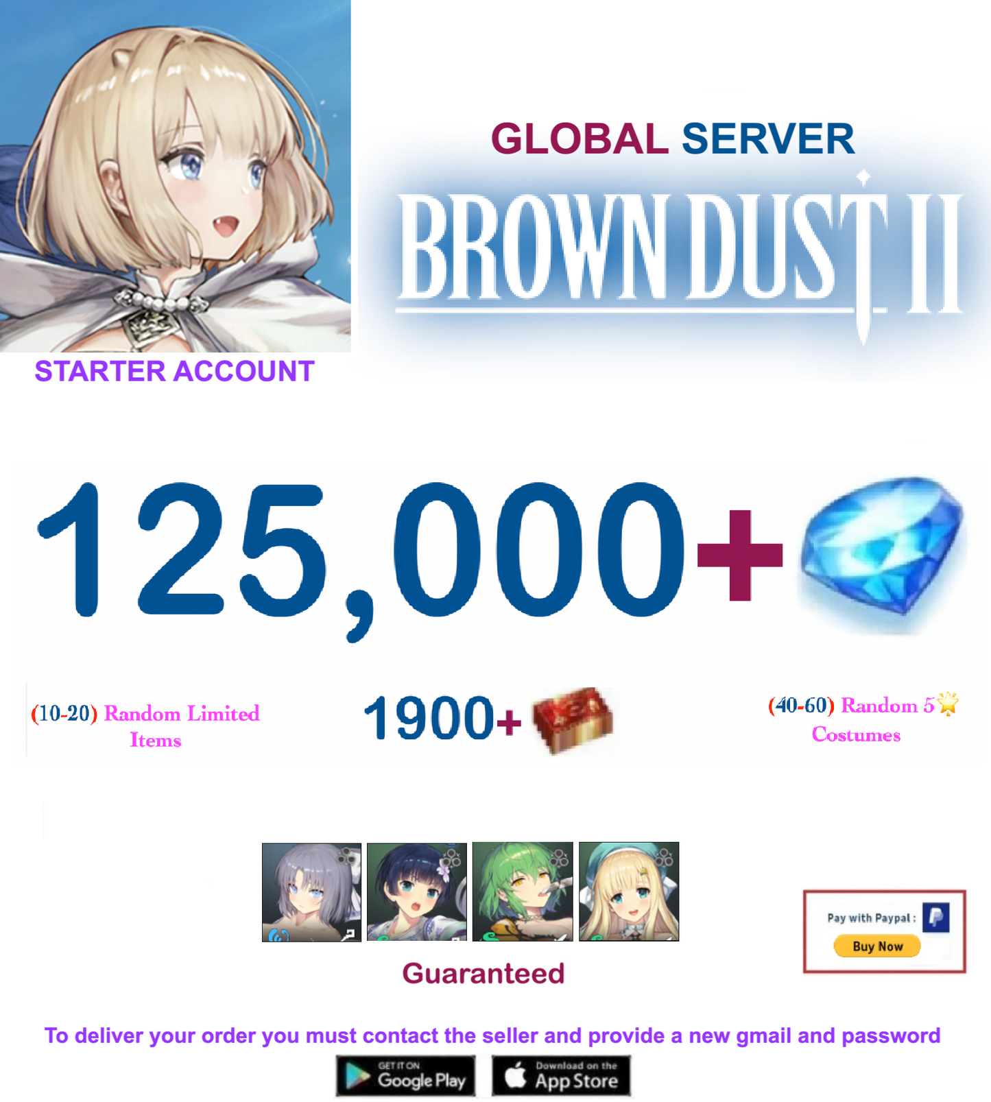 [Global Server/Unlinked] 125.000  Gems   - BDust 2/ Senran Kagura Collab  Starter Reroll Account
