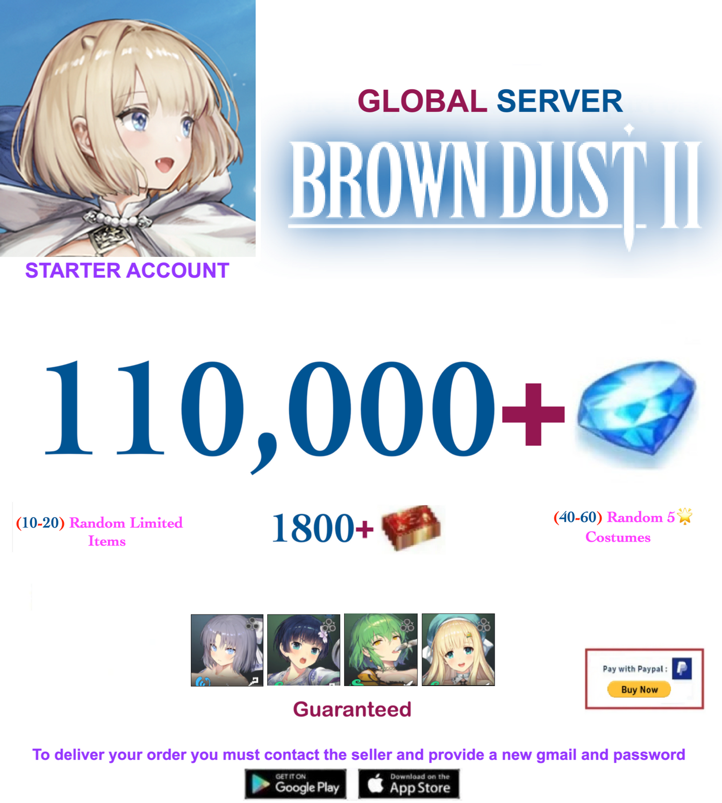 [Global Server/Unlinked] 110.000  Gems   - BDust 2/ Senran Kagura Collab  Starter Reroll Account
