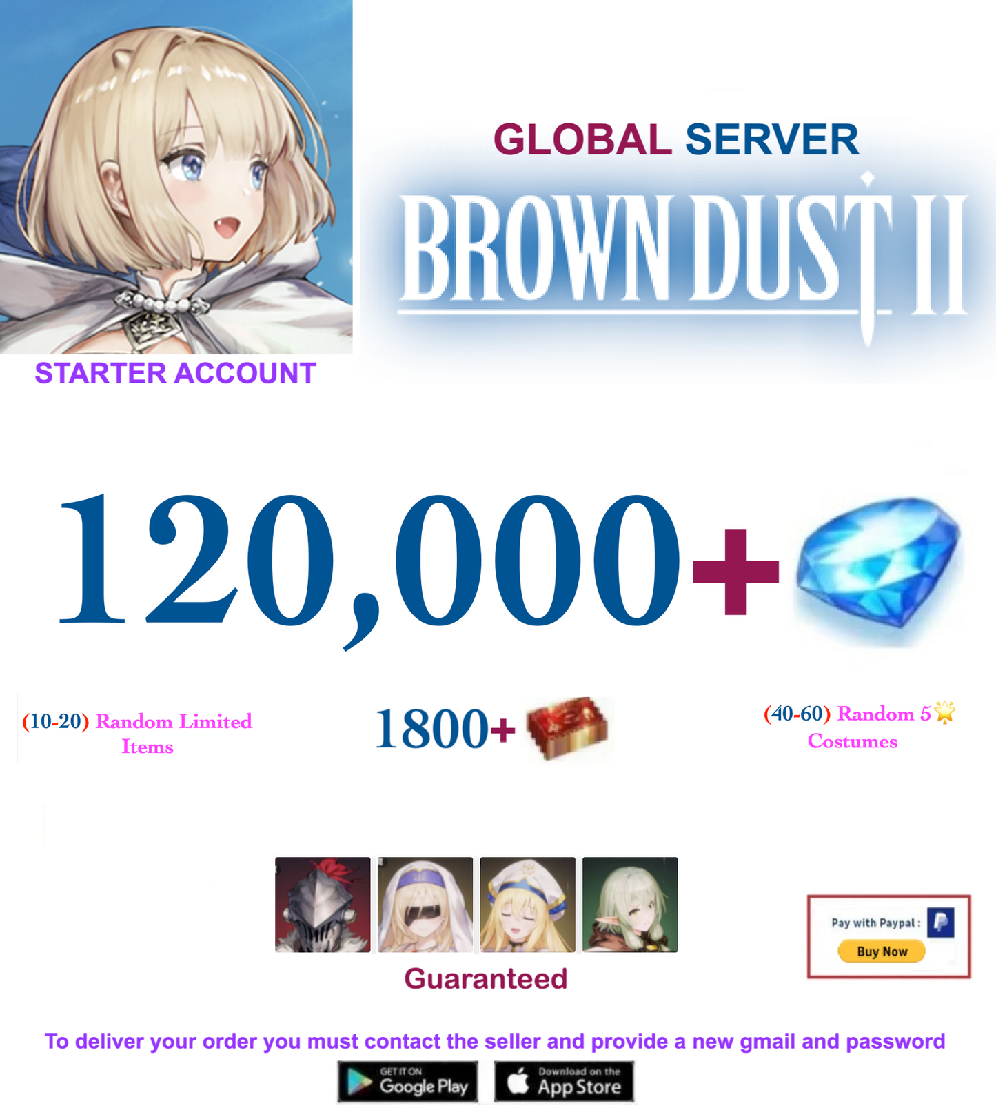 [Global Server/Unlinked] 120,000 Gems - Full Collab Globin Slayer! -  Brown Dust 2 Starter Reroll Account