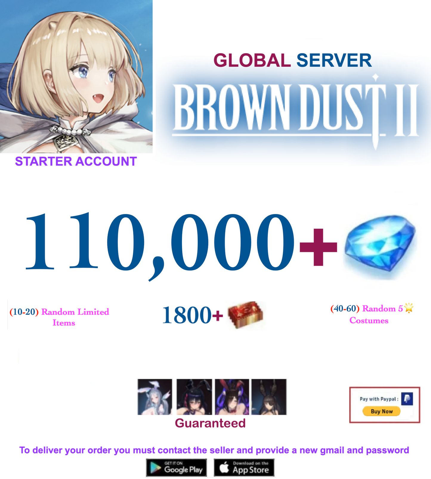 [Global Server/Unlinked] 110,000 Gems  Brown Dust 2 Starter Starter Account v5