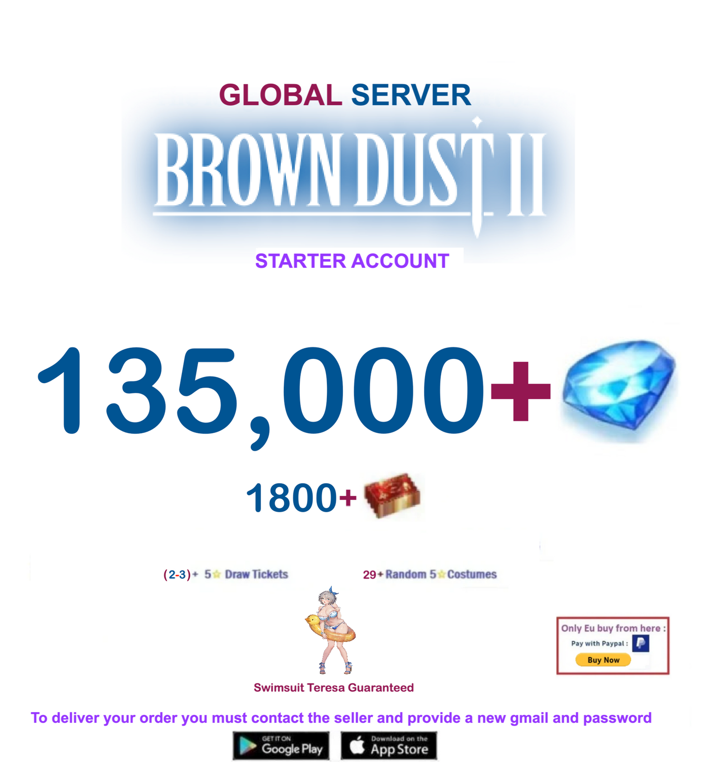 [Global Server/Unlinked] 135,000 Gems  BDust 2  Reroll Account