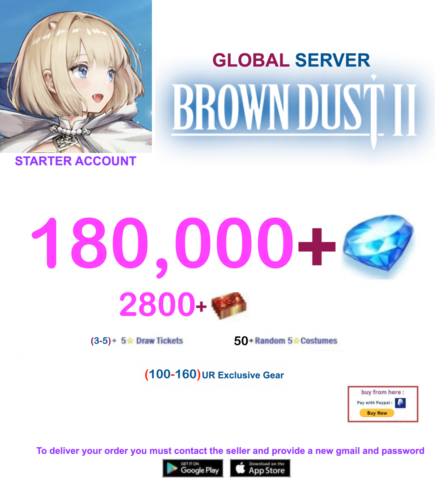[Global Server/Unlinked] 180,000 Gems  Brown Dust 2 Starter Starter Account