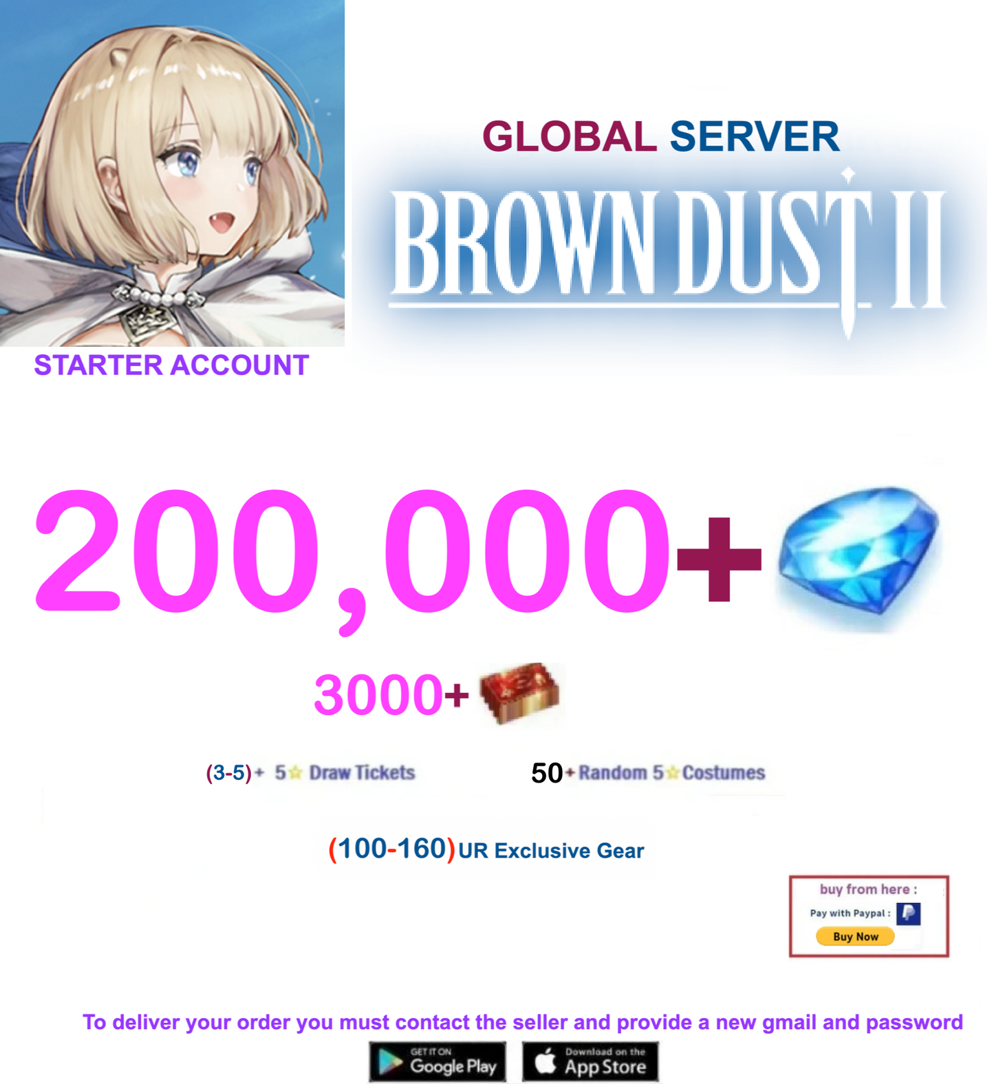 [Global Server/Unlinked] 200,000 Gems  Brown Dust 2 Starter Starter Account