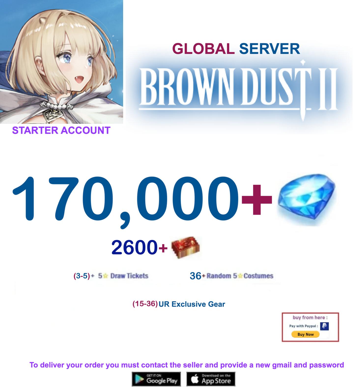 [Global Server/Unlinked] 170,000 Gems  Brown Dust 2 Starter Starter Account