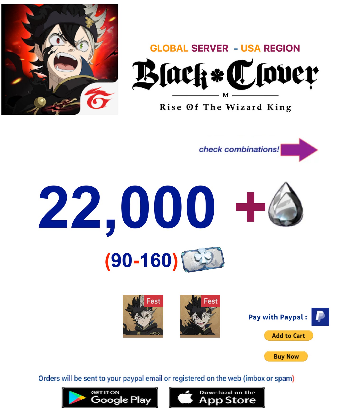 [GLOBAL SERVER/REGION US]  22,000 Crystals +Black Asta    Black Clover M Rise of the Wizard King Reroll Account