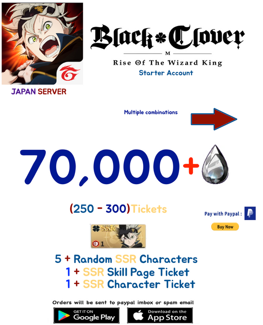 [JAPAN SERVER] 70,000 + Crystals  "Special Offer"   Black Clover M Rise of the Wizard King Starter Account