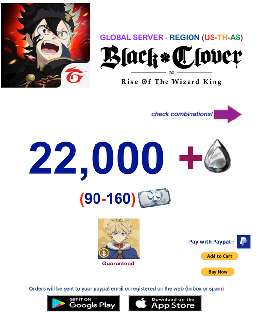 [GLOBAL SERVER/REGION US-AS-TH]  22,000 + Crystals + Lemiel   Black Clover M Rise of the Wizard King Farmed Account