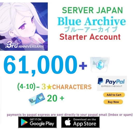 ⭐JAPAN SERVER⭐61,000+ Gems, (4-10) - 3⭐ Blue Archive Starter Reroll Account