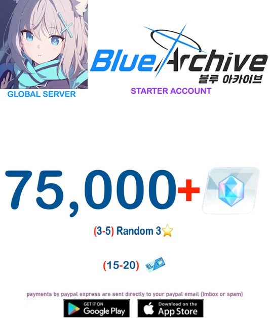 ⭐GLOBAL SERVER⭐75,000+ Gems, (3-5)- 3⭐ Blue Archive Starter Reroll Account