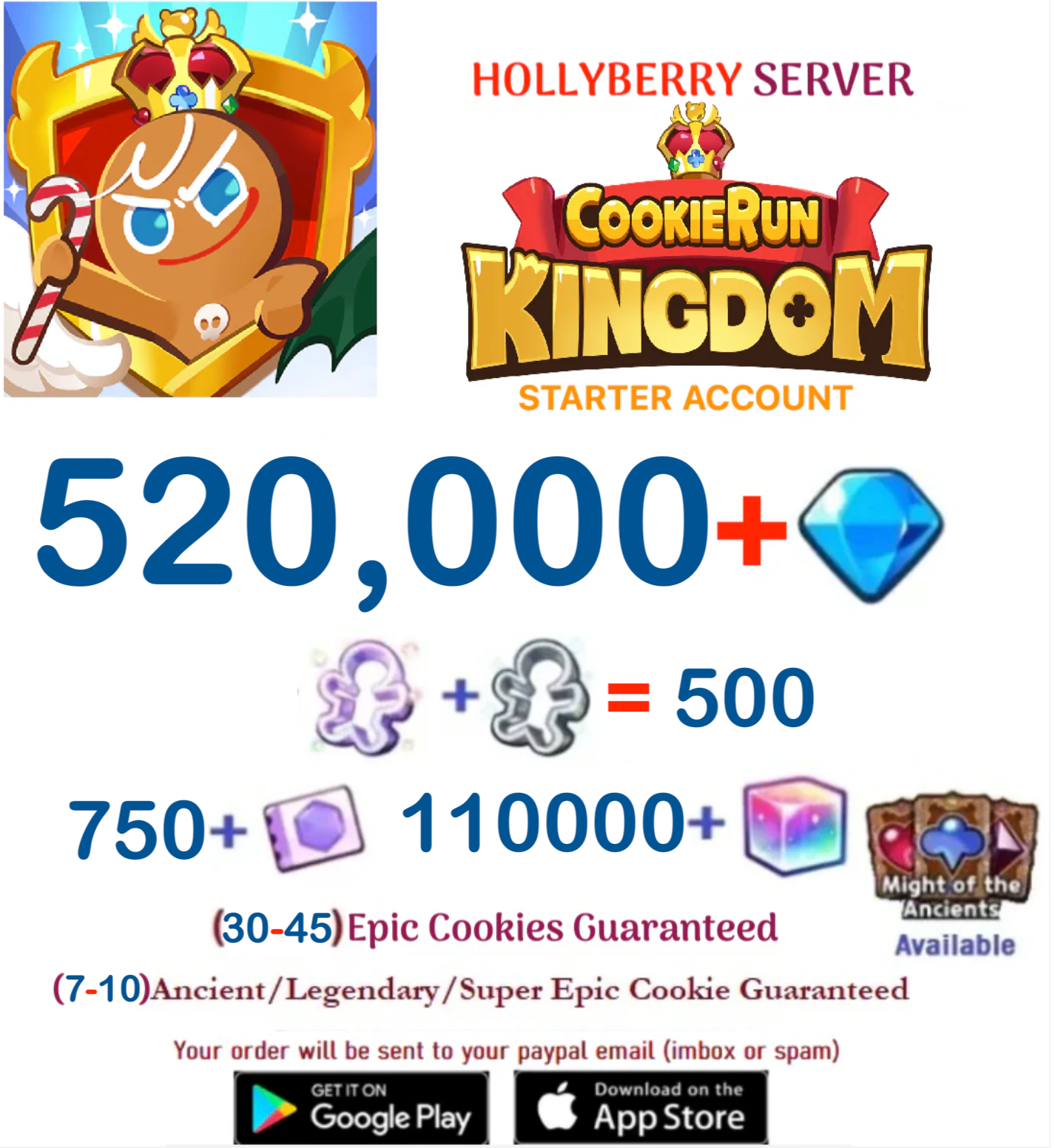 [GLOBAL/Hollyberry][INSTANT DELIVERY] 520,000+ Gems Cookie Run: Kingdom Starter Reroll Account