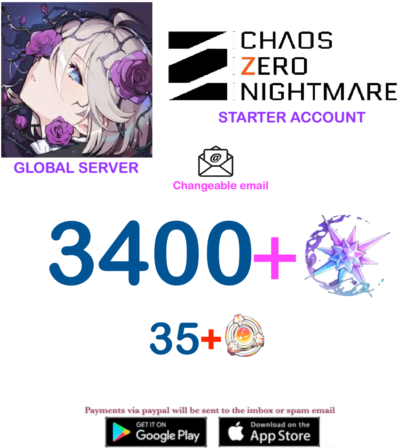 [GLOBAL SERVER] ⭐ ?? Crystals  ⭐  Chaos Zero Nightmare Fresh Starter Account (Changeable Email)