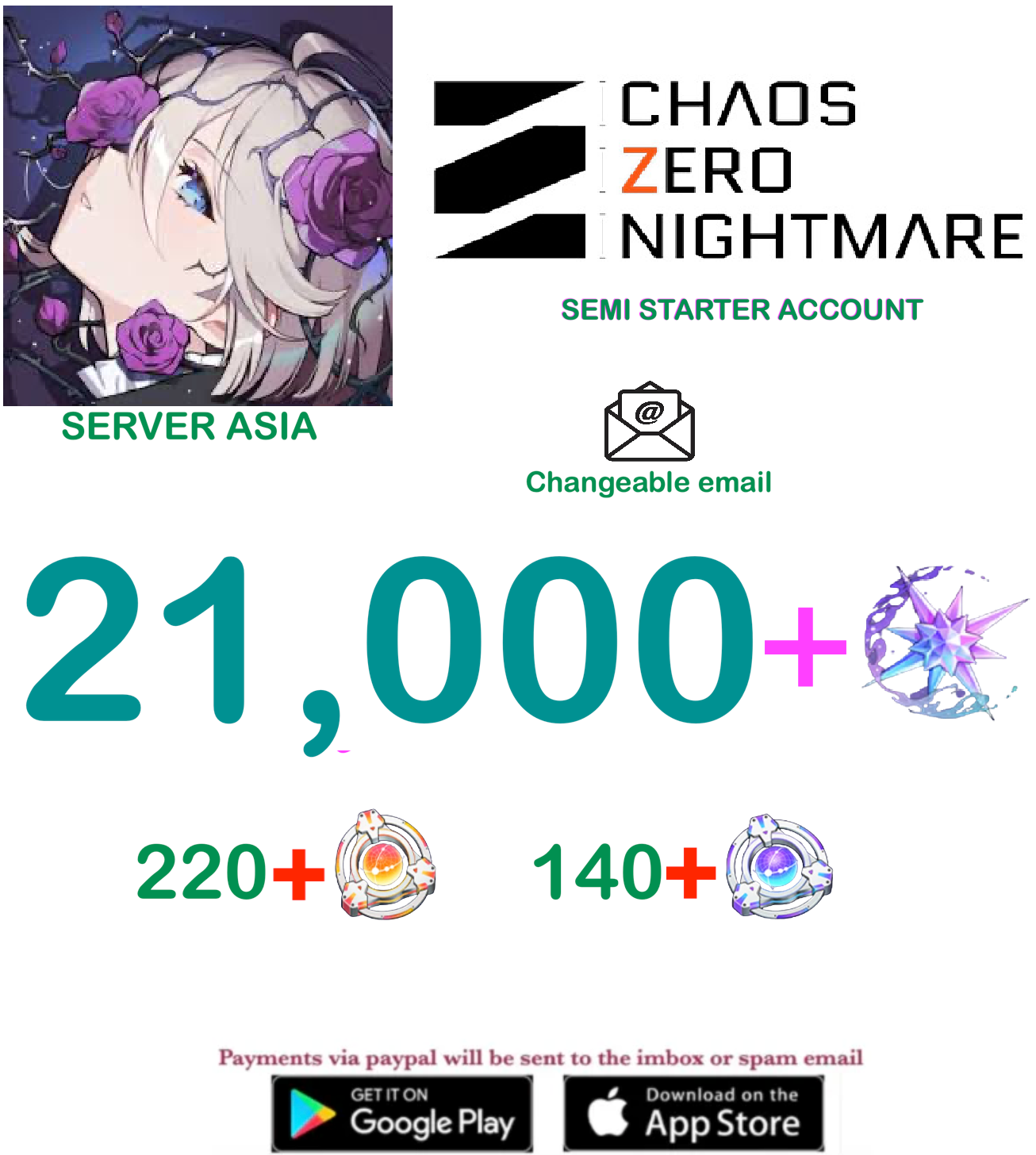 [ASIA SERVER] ??? Crystals + Chaos Zero Nightmare Fresh Semi Starter Account v8