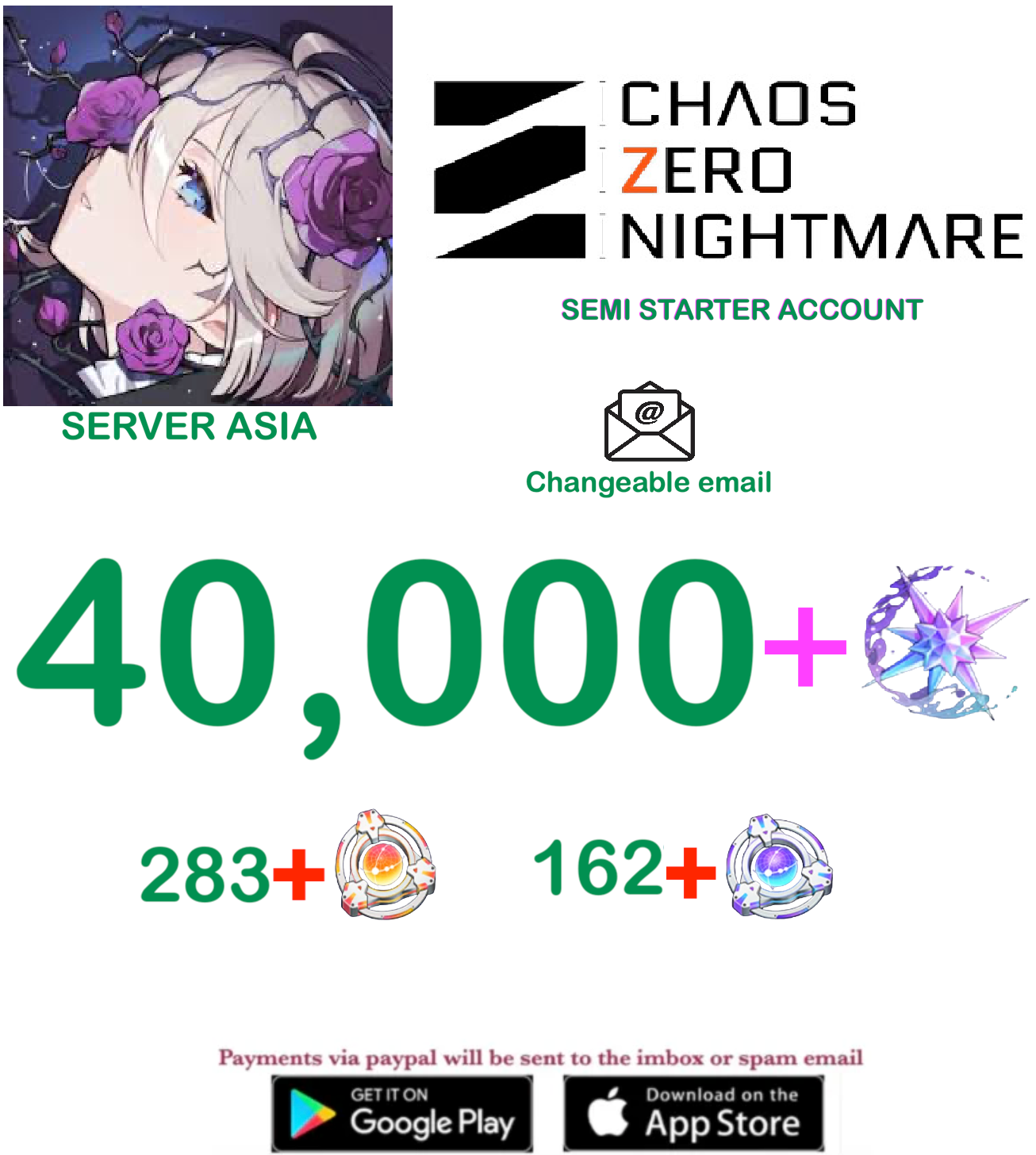 [ASIA SERVER] ??? Crystals + Chaos Zero Nightmare Fresh Semi Starter Account v8