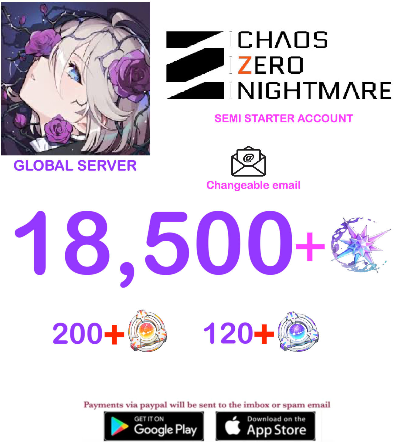 [GLOBAL SERVER] ⭐ ?? Crystals  ⭐  Chaos Zero Nightmare Fresh Starter Account (Changeable Email)