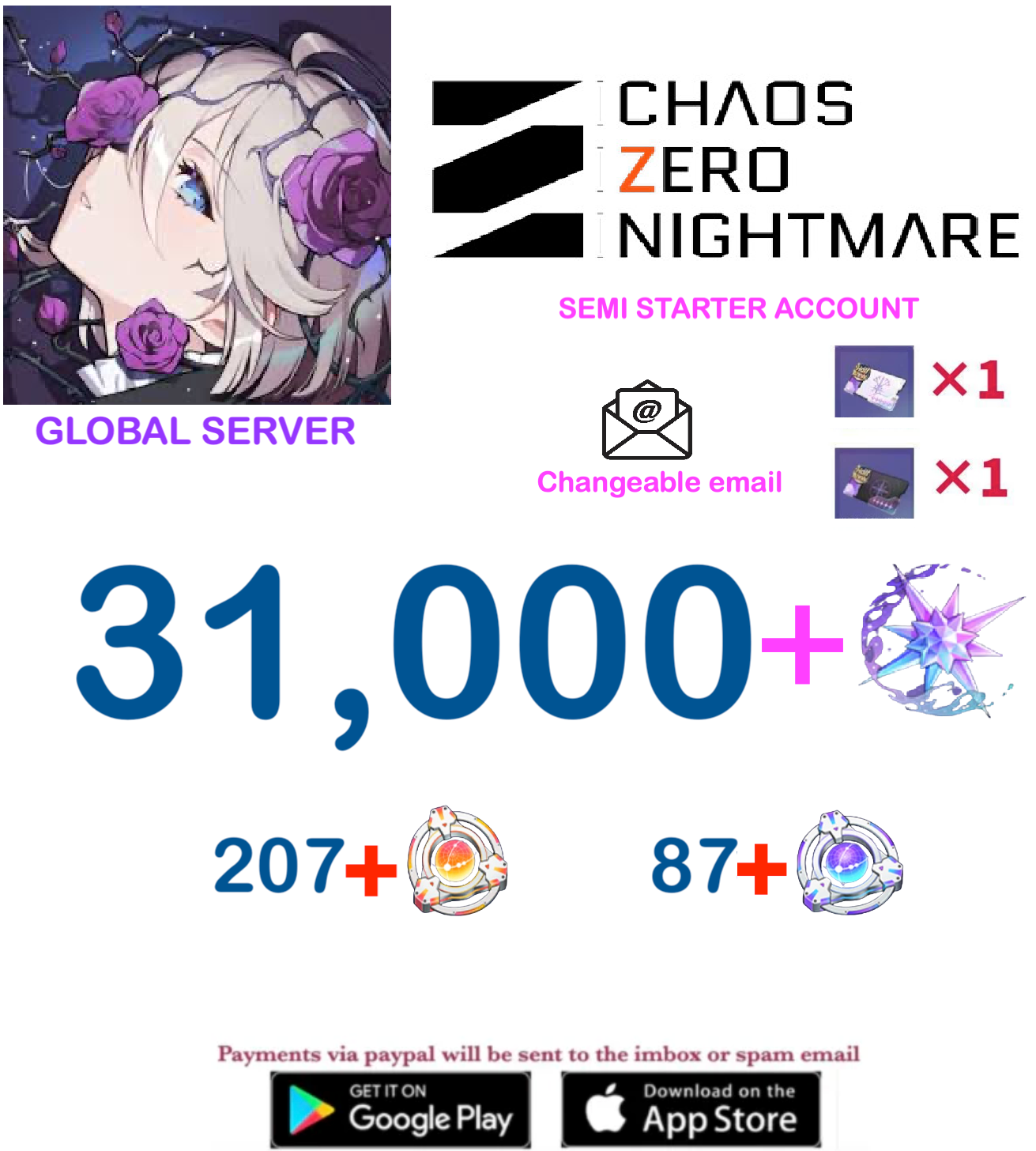 [GLOBAL SERVER] ⭐ ?? Crystals  ⭐  Chaos Zero Nightmare Semi Starter Account (Changeable Email)