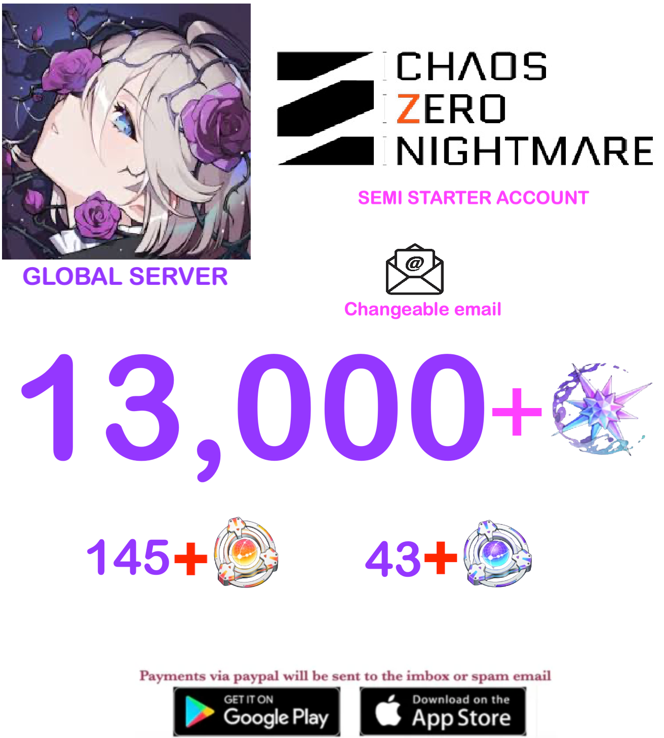 [GLOBAL SERVER] ⭐ ?? Crystals  ⭐  Chaos Zero Nightmare Fresh Semi Starter Account v9