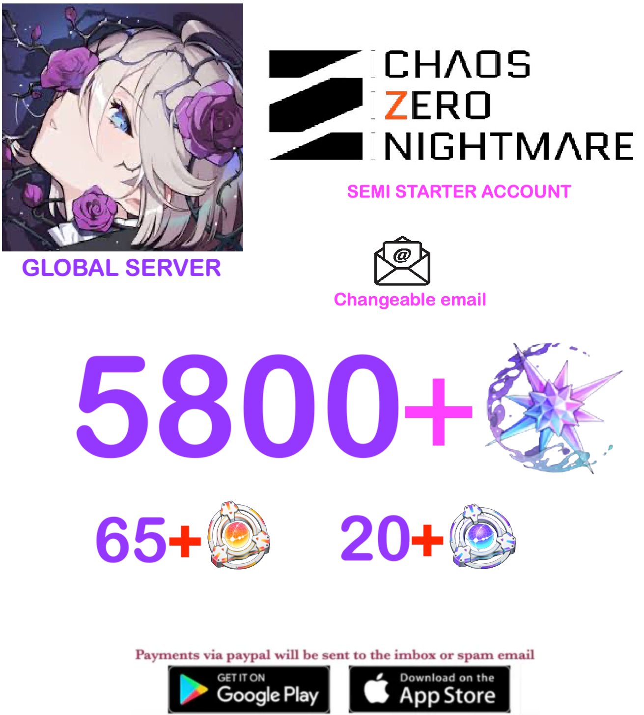 [GLOBAL SERVER] ⭐ ?? Crystals  ⭐  Chaos Zero Nightmare Fresh Starter Account (Changeable Email)