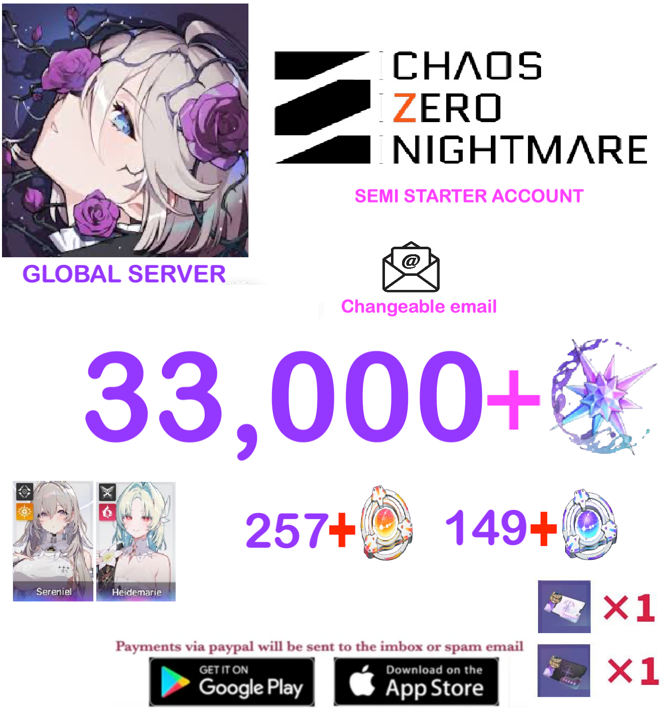 [GLOBAL SERVER] ⭐ ?? Crystals  ⭐Sereniel   Chaos Zero Nightmare Fresh Semi Starter Account