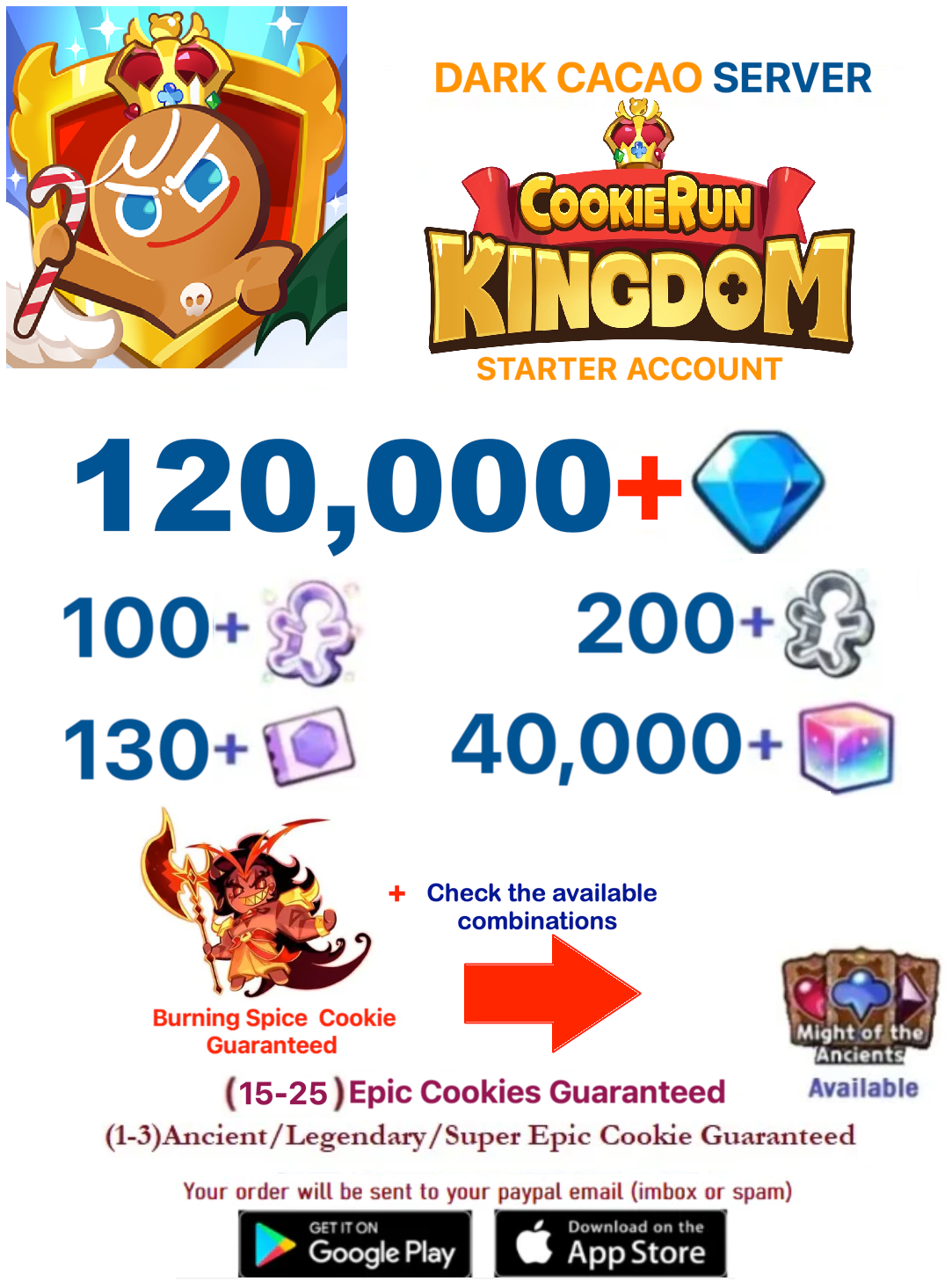 [GLOBAL/Dark Cacao][INSTANT DELIVERY] 130,000+ Gems Cookie Run: Kingdom Starter Reroll Account