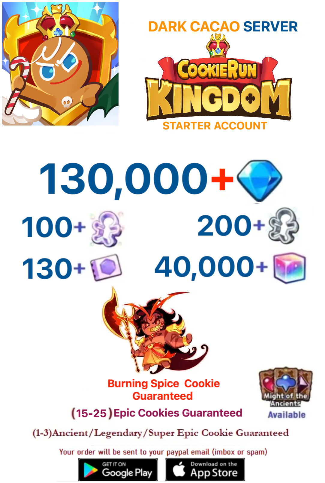 [GLOBAL/Dark Cacao][INSTANT DELIVERY] 130,000+ Gems Cookie Run: Kingdom Starter Reroll Account