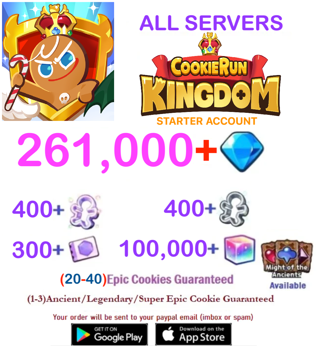 [GLOBAL/All Servers] 261,000+ Gems Cookie Run: Kingdom Starter Reroll Account