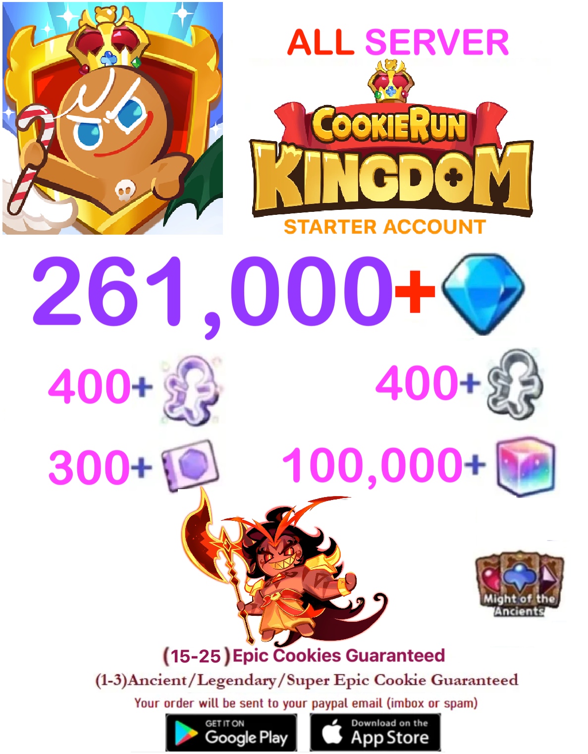 [GLOBAL/ALL SERVER][INSTANT DELIVERY] 261,000+ Gems Cookie Run: Kingdom Starter Reroll Account