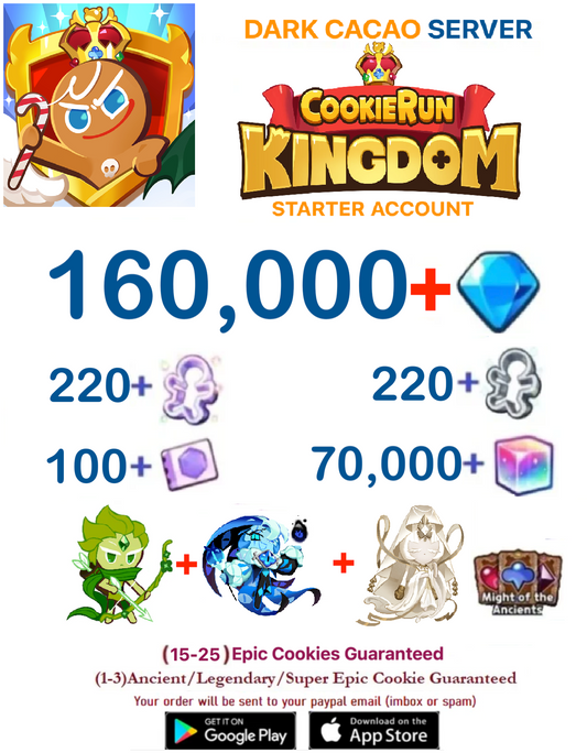 [GLOBAL/Dark Cacao] 160,000+Gems  +  Shadow Milk Cookie + Mystic Cookie + Wind Archer  Cookie Run: Kingdom Starter Reroll Account