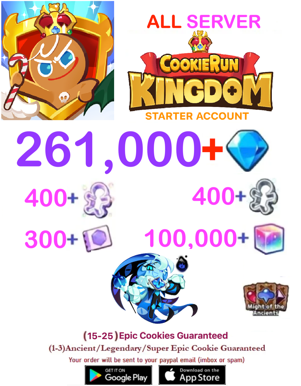 [GLOBAL/ALL SERVER][INSTANT DELIVERY] 260,000+Gems +  Shadow Milk / Cookie Run: Kingdom Starter Reroll Account
