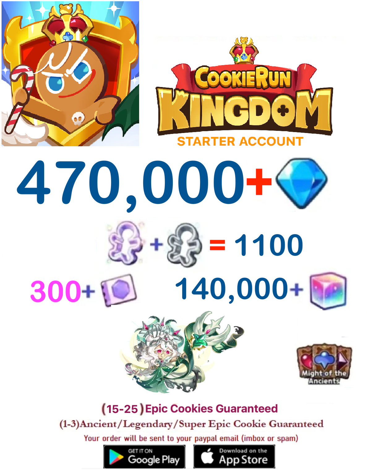 [GLOBAL/DARK CACAO SERVER][INSTANT DELIVERY] 470,000+Gems +  White Lily Cookie (Dawnbringer) / Cookie Run: Kingdom Starter Reroll Account