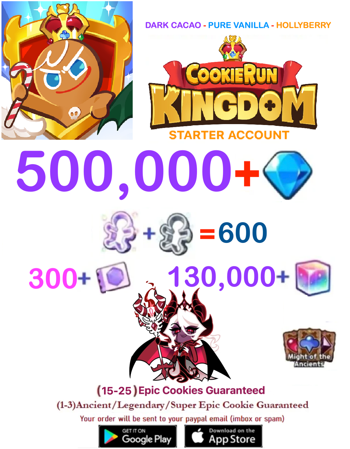 [GLOBAL/ALL SERVER][INSTANT DELIVERY] 500,000+Gems + DEC/ Cookie Run: Kingdom Starter Reroll Account