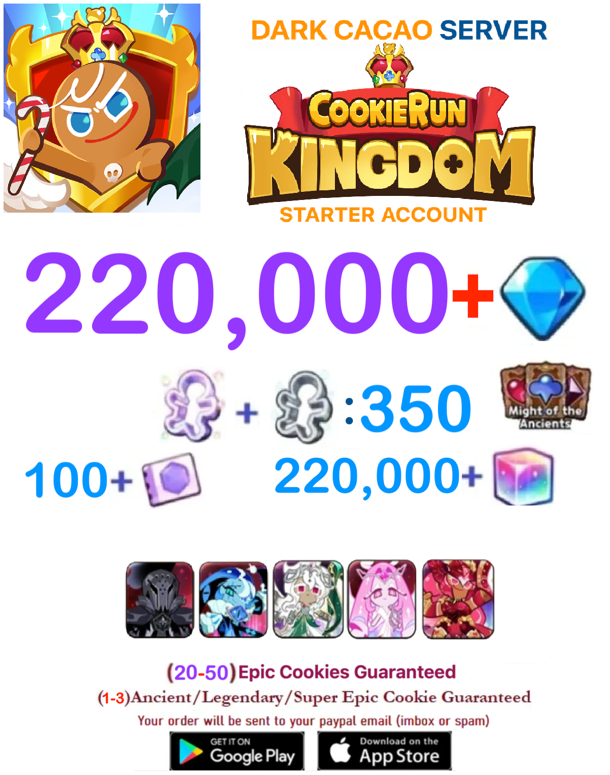 [GLOBAL/DARK CACAO][INSTANT DELIVERY] 220,000+Gems + White Lily Cookie (Dawnbringer)   / Cookie Run: Kingdom Starter Reroll Account
