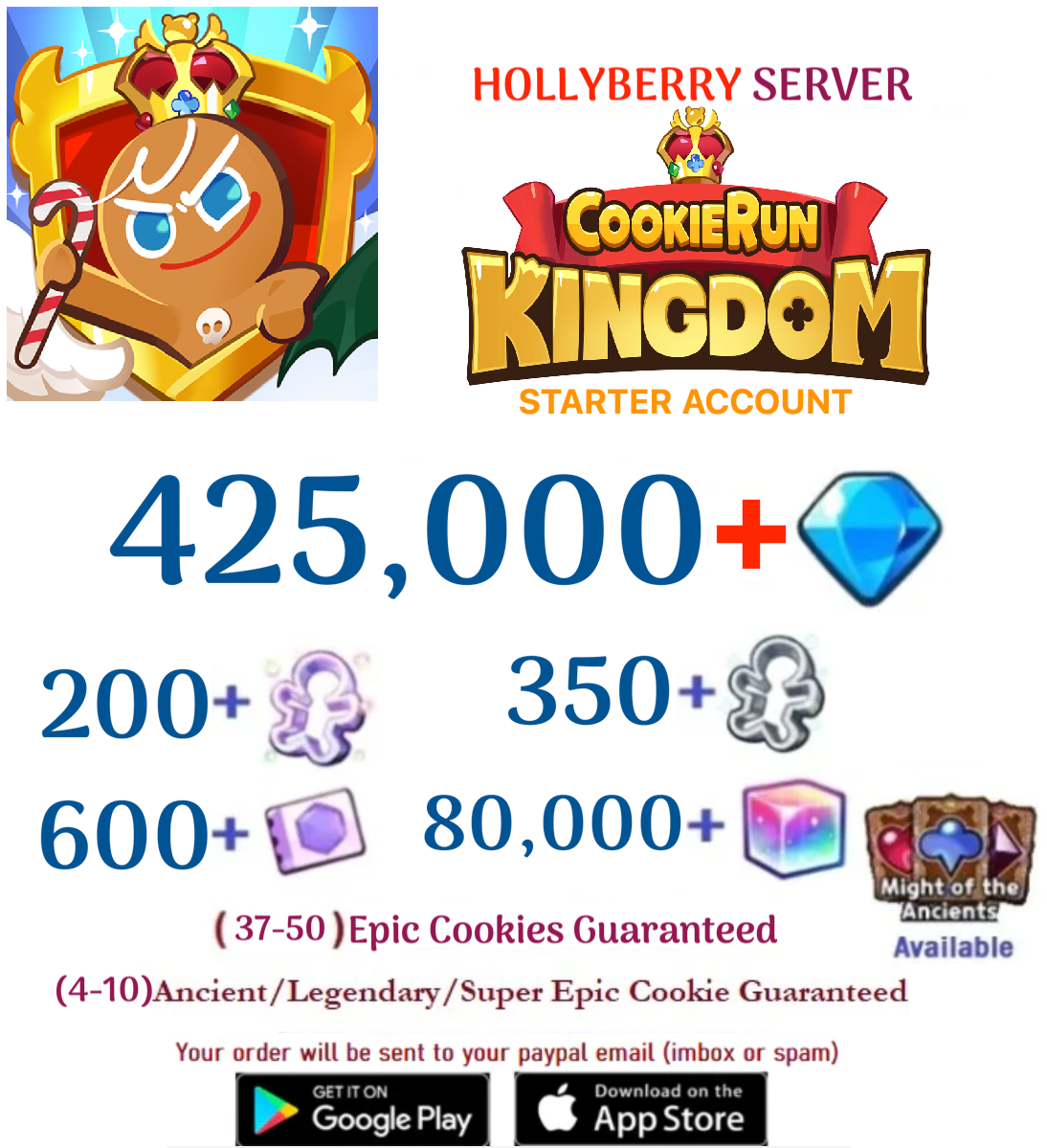 [GLOBAL/Hollyberry][INSTANT DELIVERY] 420,000+ Gems Cookie Run: Kingdom Starter Reroll Account