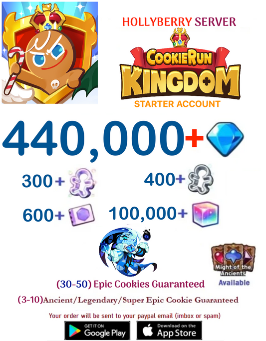 [GLOBAL/Hollyberry][INSTANT DELIVERY] 440,000+Gems +  Shadow Milk / Cookie Run: Kingdom Starter Reroll Account