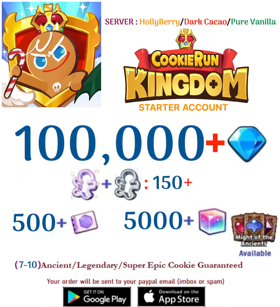 [GLOBAL/All Servers] 100,000+ Gems Cookie Run: Kingdom Starter Reroll Account