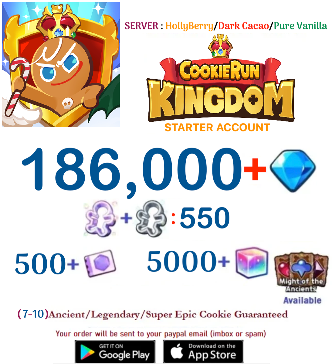 [GLOBAL/All Servers] 186,000+ Gems Cookie Run: Kingdom Starter Reroll Account