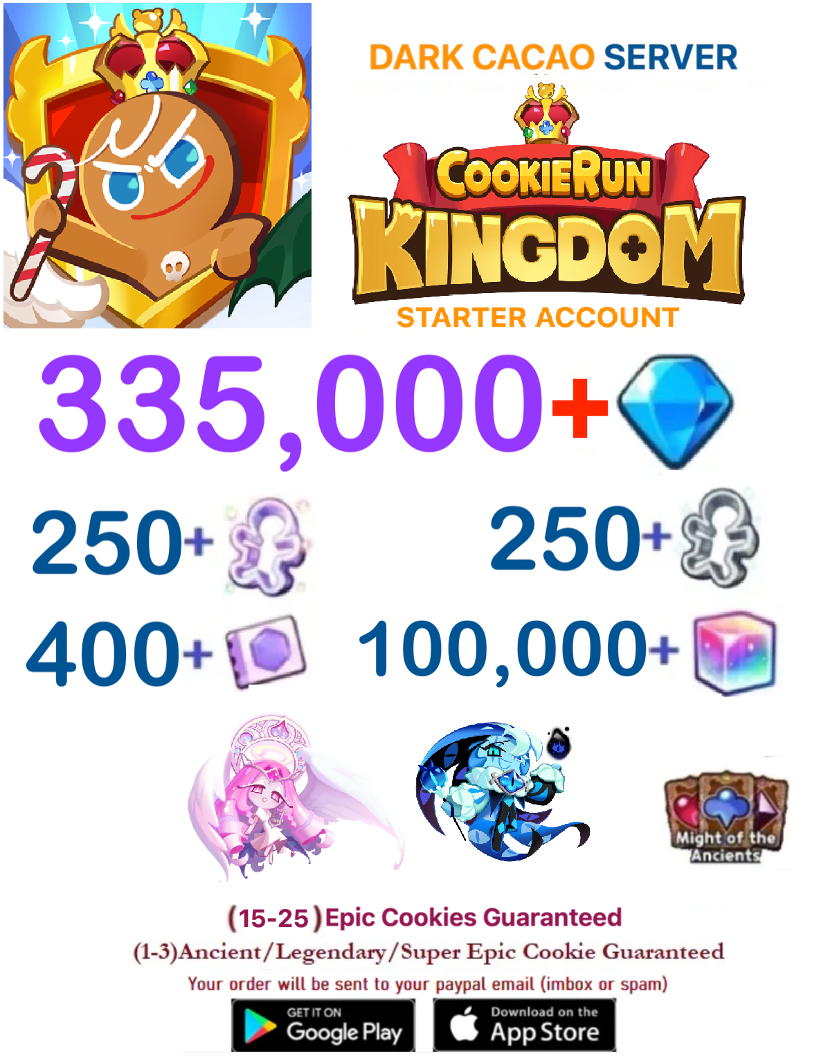 [GLOBAL/DARK CACAO][INSTANT DELIVERY] 335,000+Gems + Shadow Milk / Cookie Run: Kingdom Starter Reroll Account