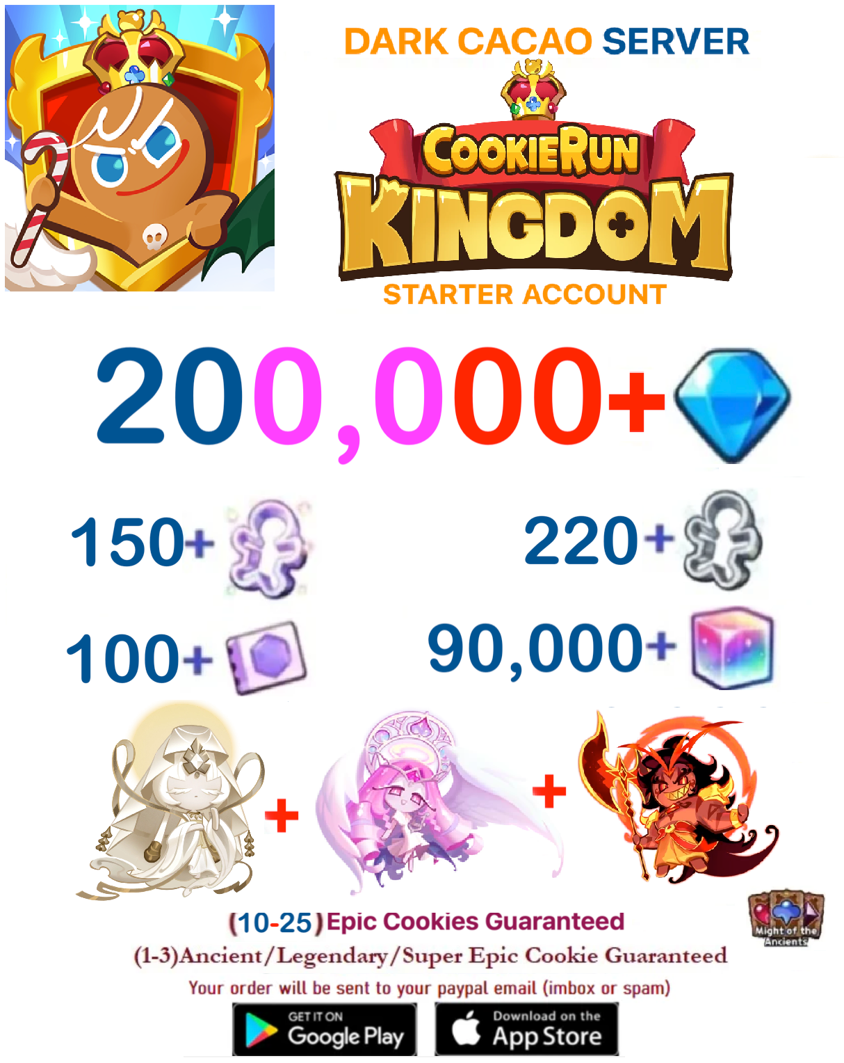 [GLOBAL/Dark Cacao][INSTANT DELIVERY] 200,000+Gems   Eternal Sugar + Mystic Flour + Burning Spice  Cookie Run: Kingdom Starter Account