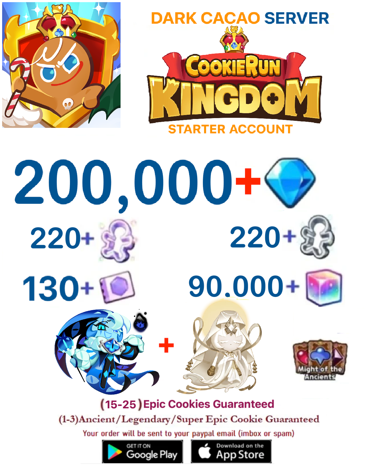 [GLOBAL/Dark Cacao][INSTANT DELIVERY] 200,000+Gems +  Shadow Milk + Mystic Flour / Cookie Run: Kingdom Starter Reroll Account v2