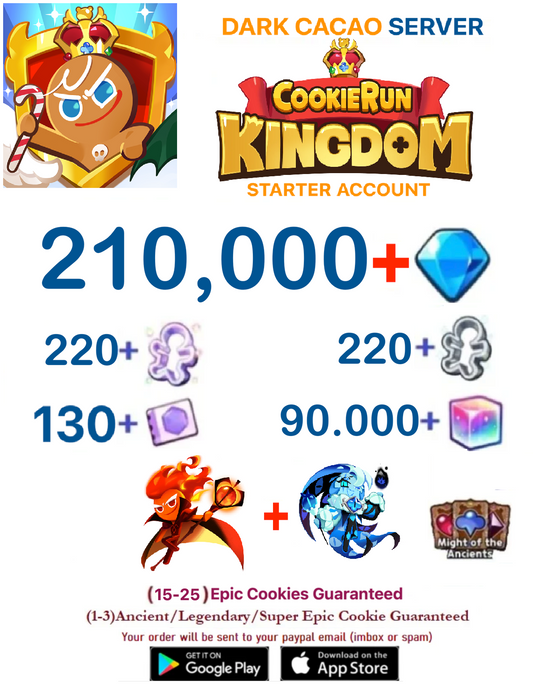 [GLOBAL/Dark Cacao][INSTANT DELIVERY] 210,000+ Gems +  Shadow Milk Cookie + Fire Spirit Cookie + ?? / Cookie Run: Kingdom Starter Account