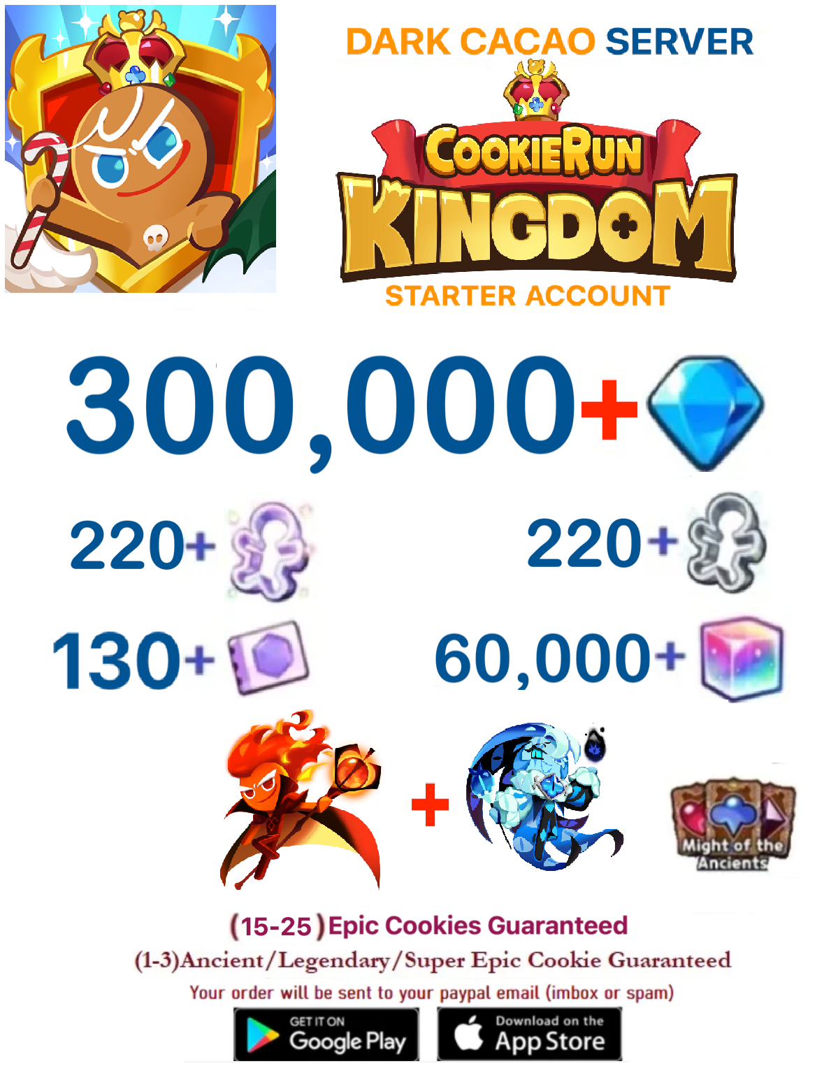 [GLOBAL/Dark Cacao][INSTANT DELIVERY] 370,000+ Gems + Fire Spirit Cookie + Shadow Milk Cookie / Cookie Run: Kingdom Starter Reroll Account