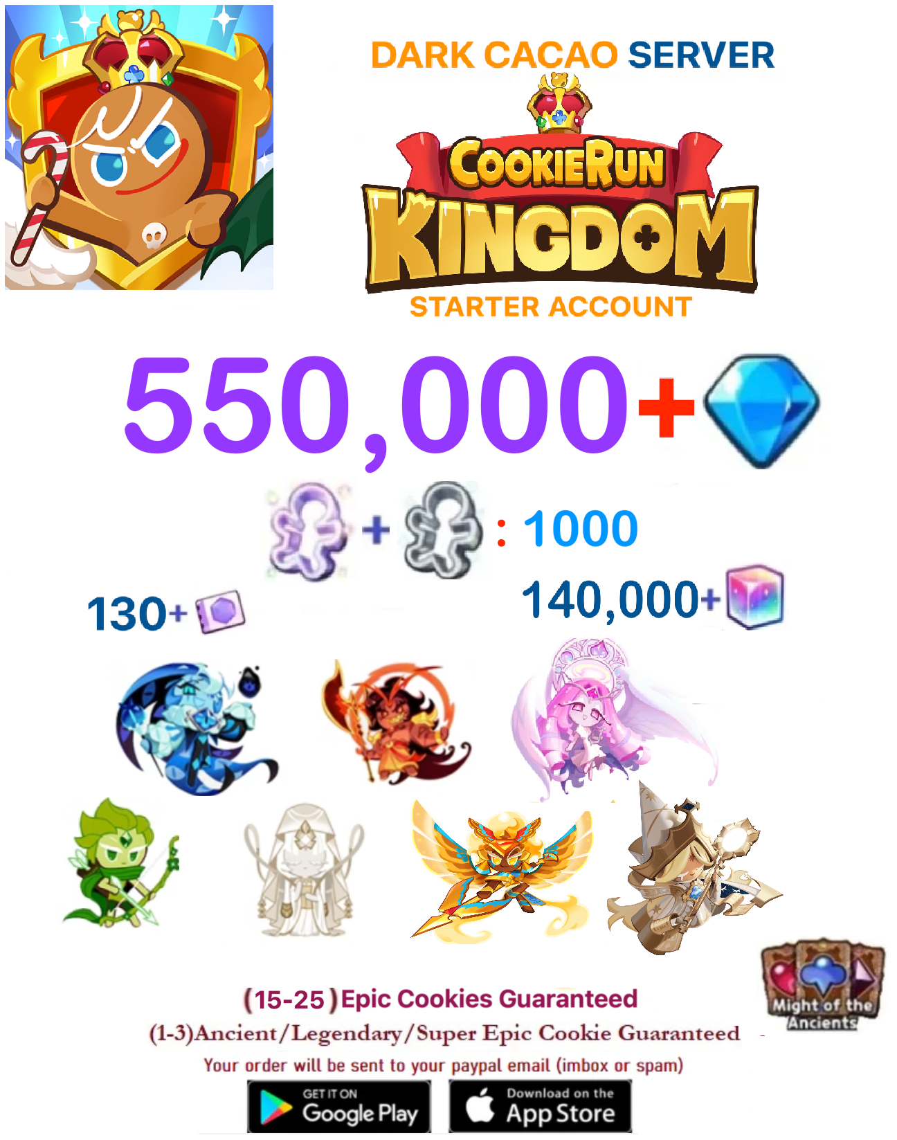 [GLOBAL/Dark Cacao][Ask the seller Availability] 550,000+Gems +  ??? / Cookie Run: Kingdom Starter Reroll Account