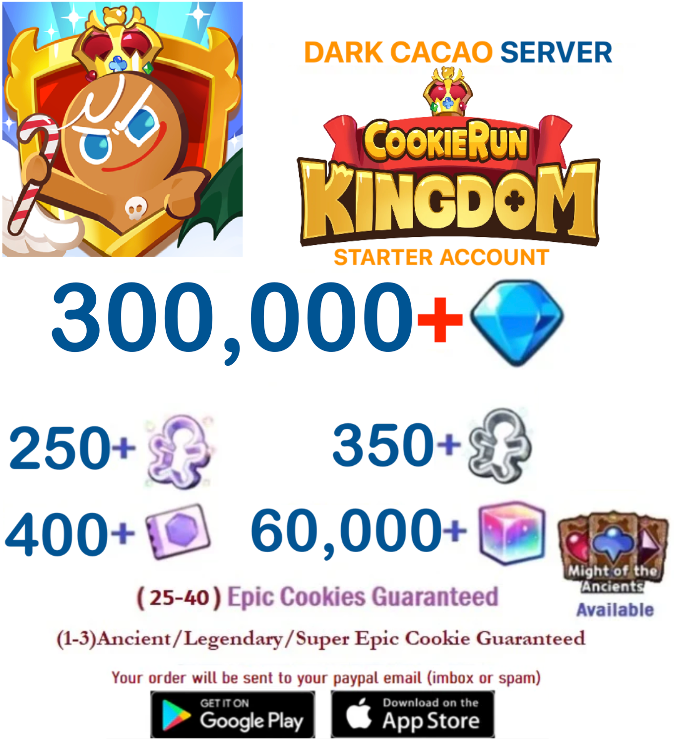 [GLOBAL/Dark Cacao] 300,000+ Gems Cookie Run: Kingdom Starter Reroll Account