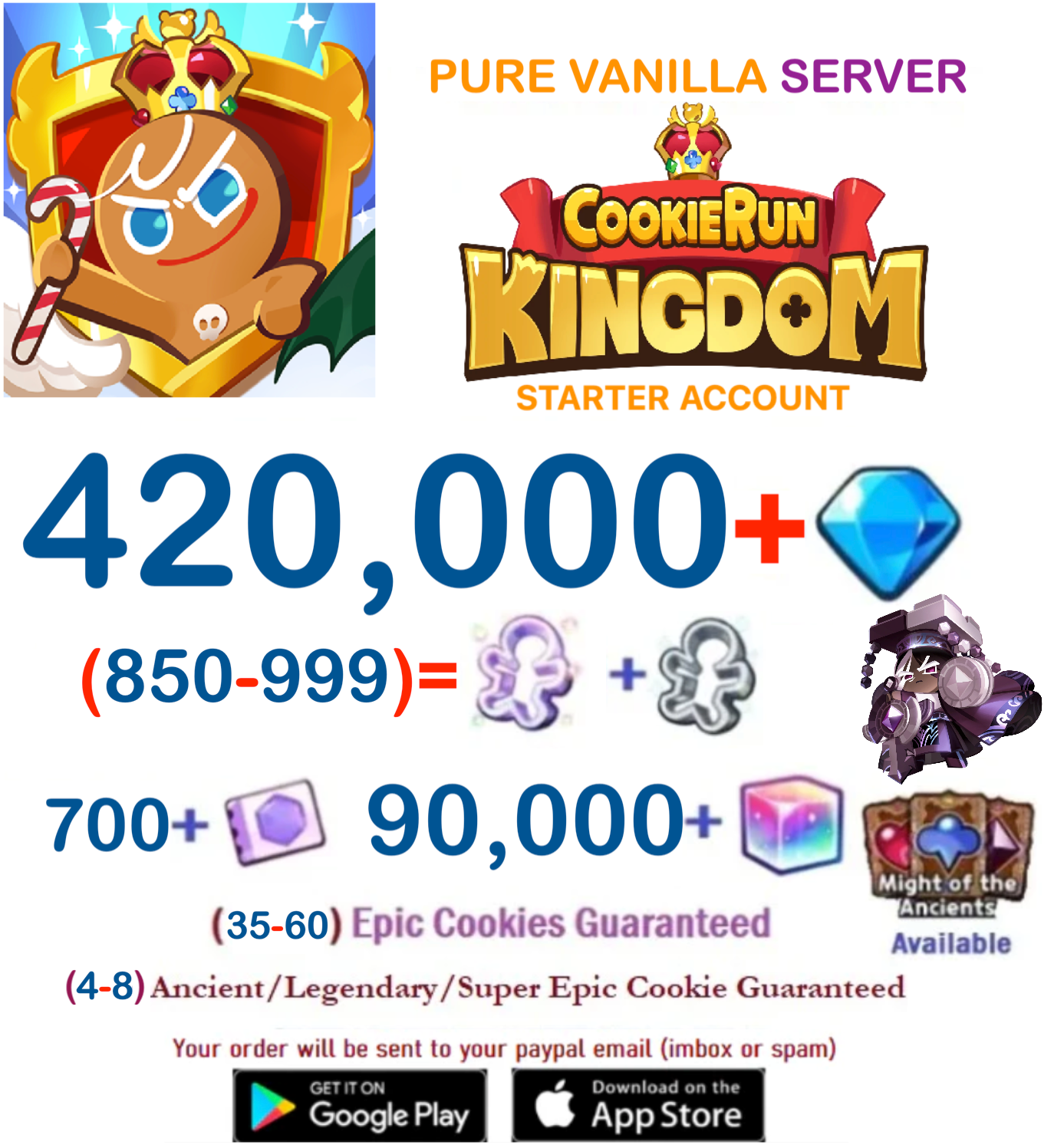 [GLOBAL/Pure Vanilla] 420,000+ Gems Cookie Run: Kingdom Starter Reroll Account