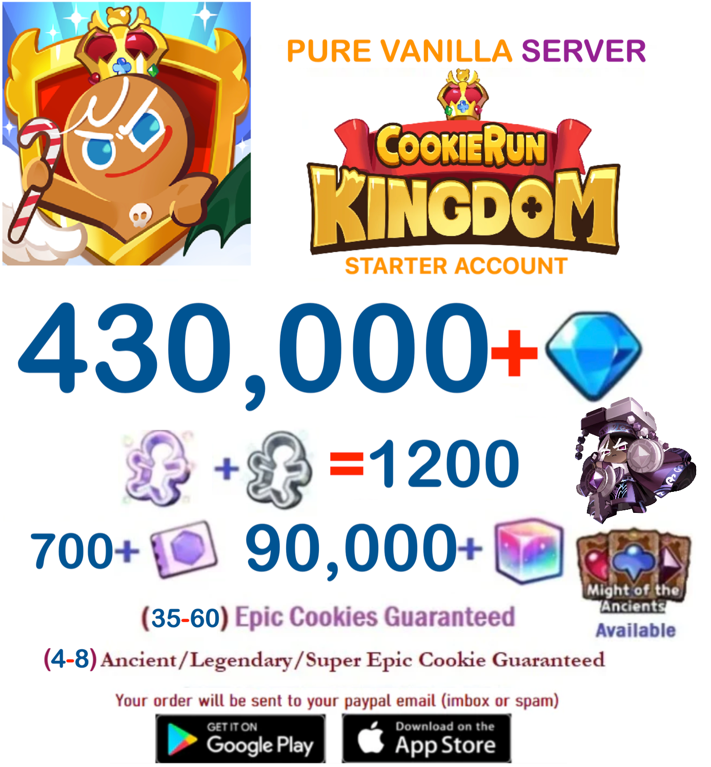 [GLOBAL/Pure Vanilla] 430,000+ Gems Cookie Run: Kingdom Starter Reroll Account