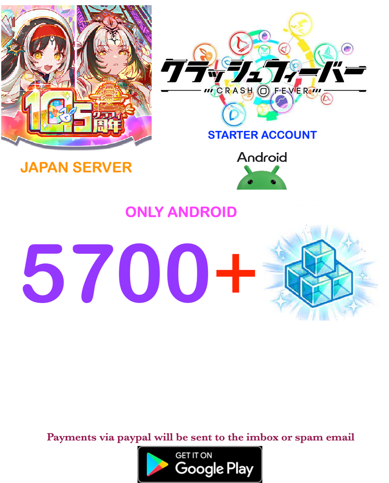 [JAPAN SERVER] 5700+ Crystals Crash Fever Starter Account (ONLY ANDROID)