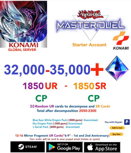 [SERVER GLOBAL]  34,000 - 50,000+Gems  (1850-2500) UR CP- 1850 SR CP  Yu-Gi-Oh! Master Duel Starter Reroll Account