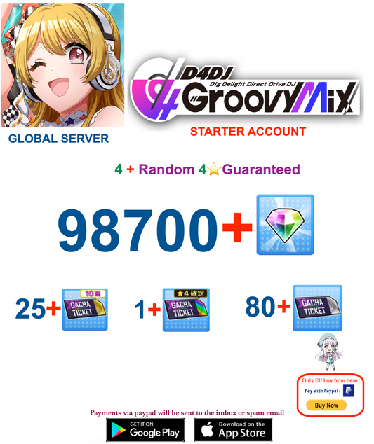 [EN SERVER ] 98700+ Gems  D4DJ Groovy Mix Starter Reroll Account