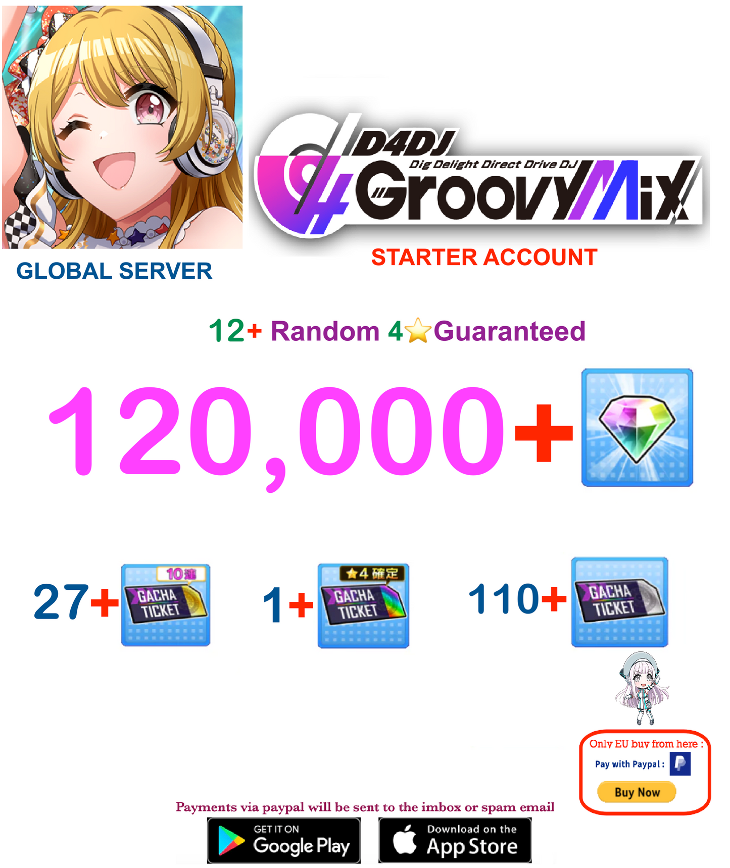 [EN SERVER ] ??+ Gems  D4DJ Groovy Mix Starter Reroll Account