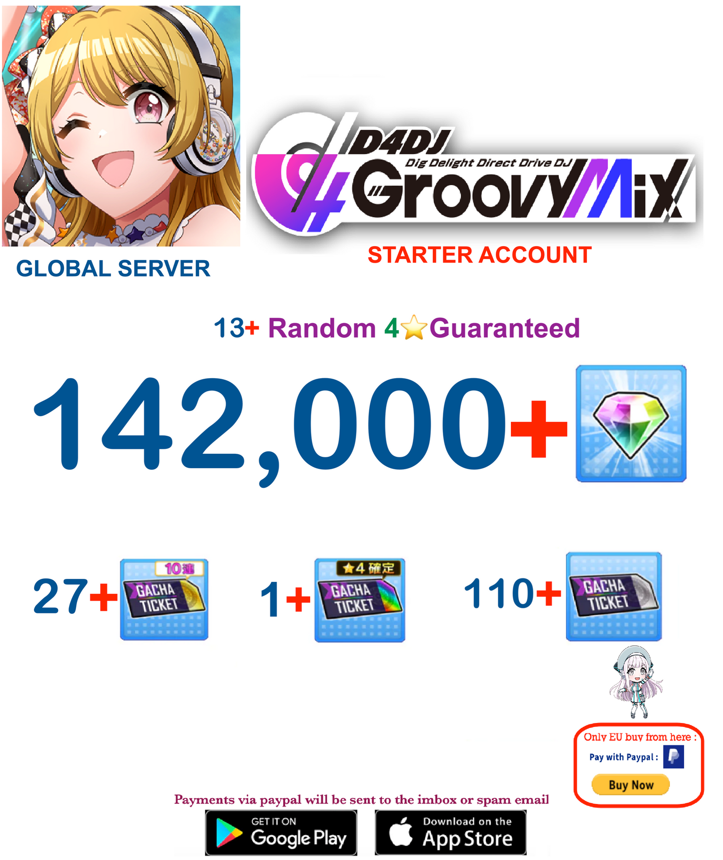 [EN SERVER ] ??+ Gems  D4DJ Groovy Mix Starter Reroll Account